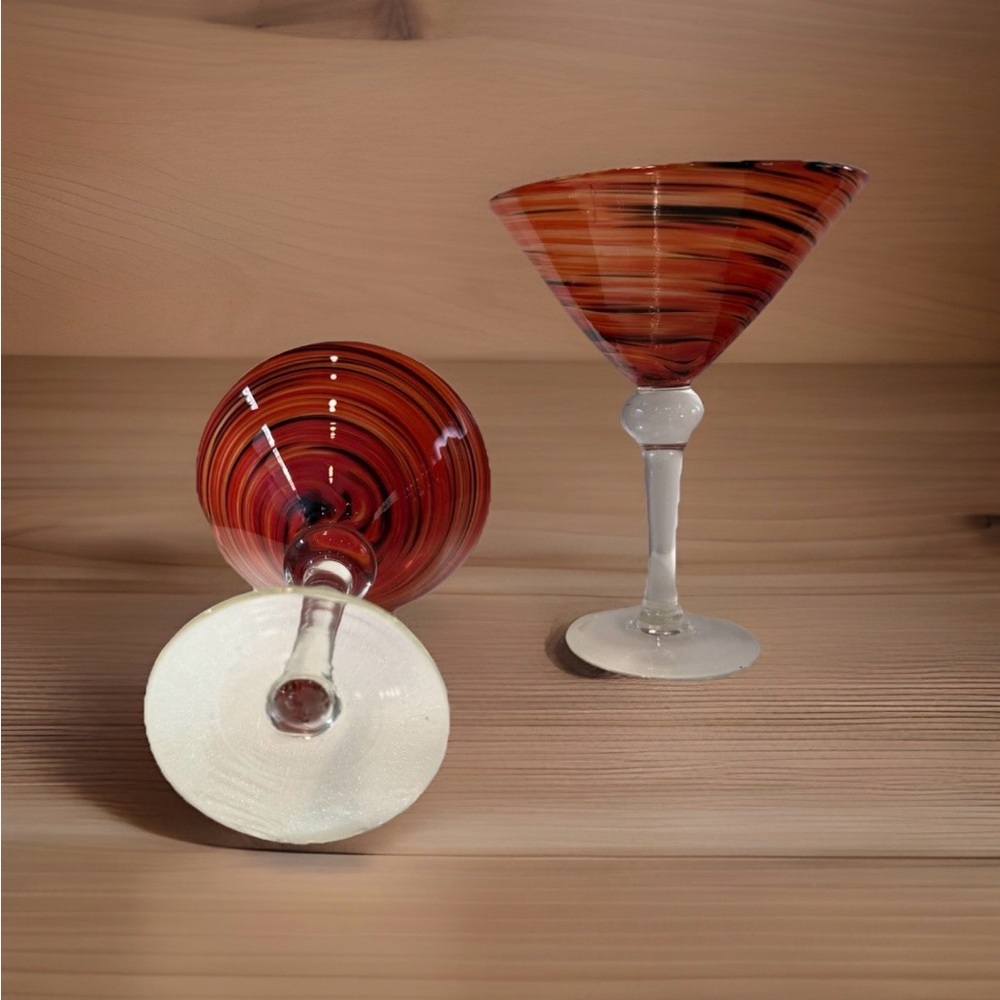 2 Pier 1 Hand Blown Red, Orange, Black Swirls Martini Margarita Glasses 7" Solid - Picture 5 of 6